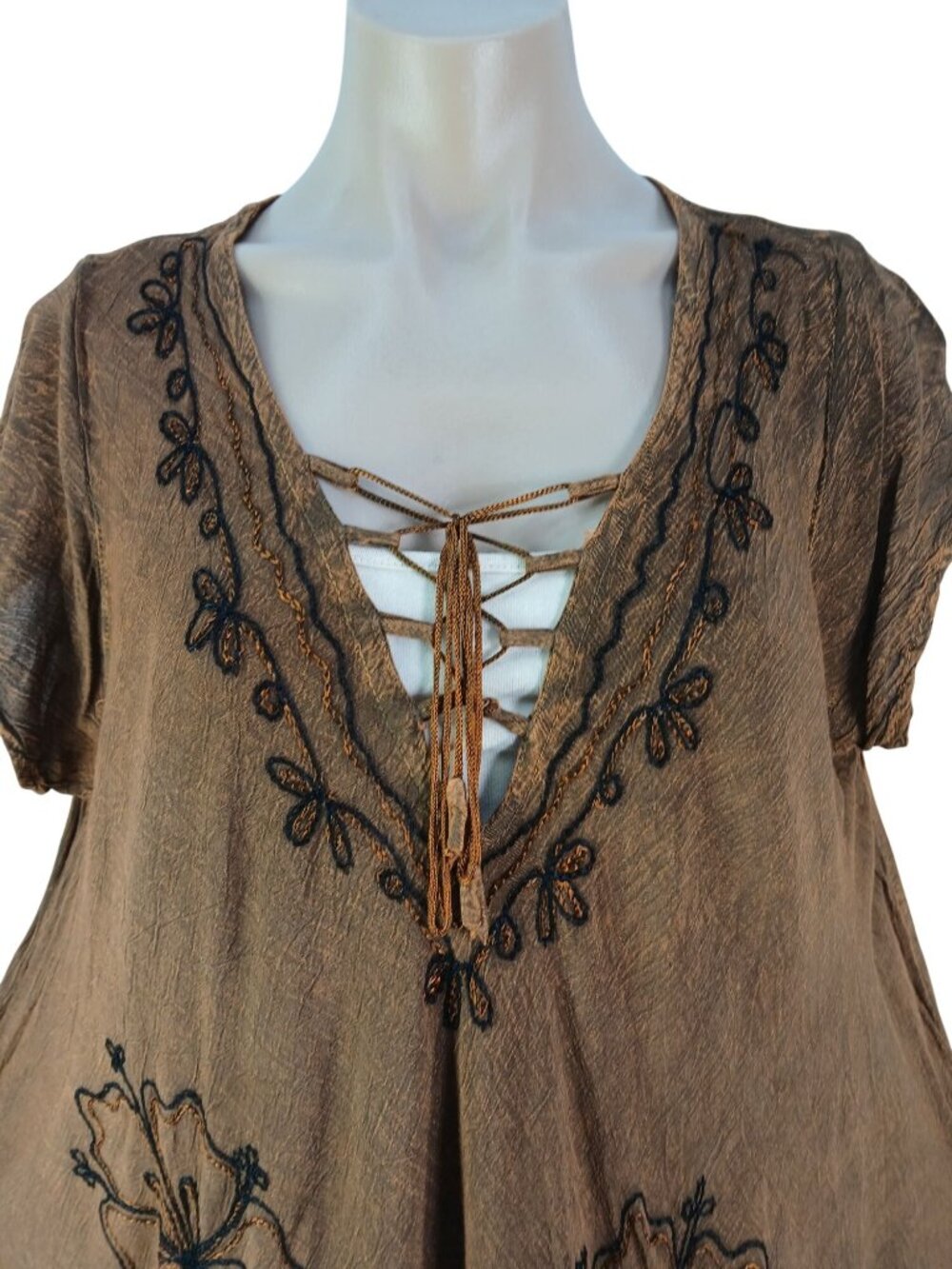 Riviera Sun Womens Plus Size Brown Embroidered Tunic Dress Size 2X Lace Up Boho - Picture 11 of 11